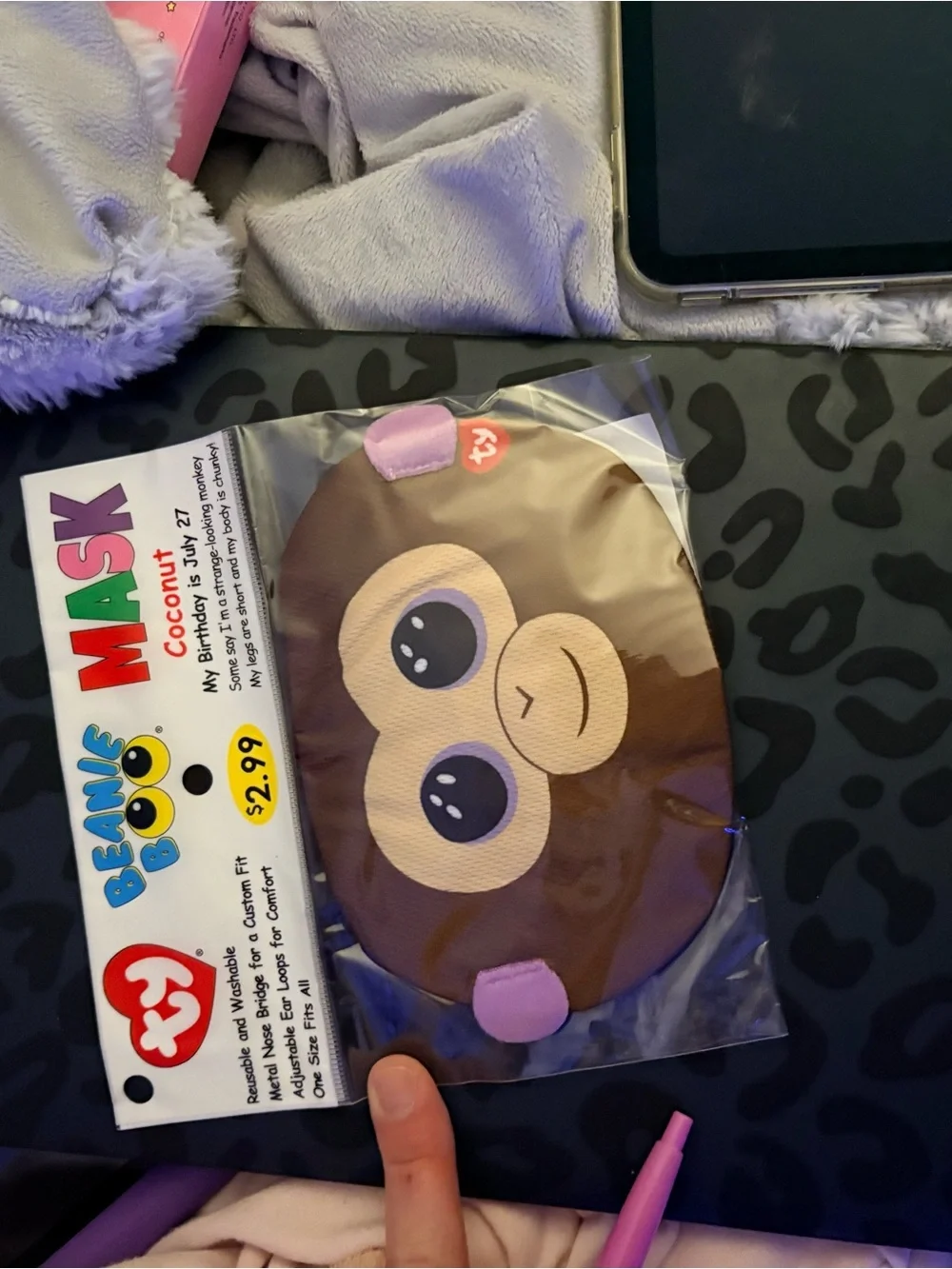 Ty Monkey Face Mask in Brown and Pink